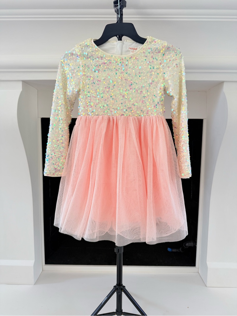 Cat & Jack Ivory Sequin Top Pink Tulle Skirt Girls Dress- Size 7/8